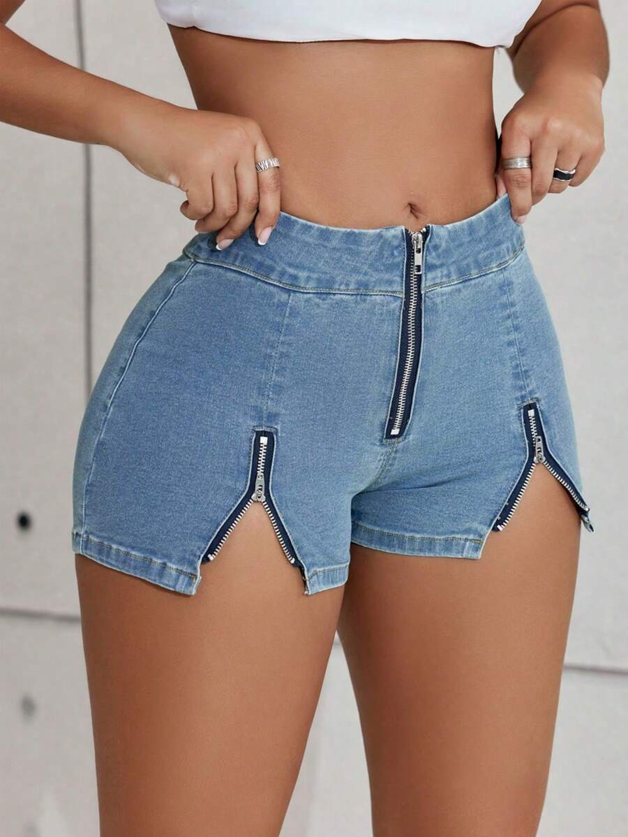 Y2K Hottie Street High Waist Zipper Decor Stretchy Skinny Denim Mini Shorts