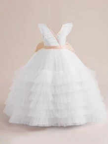 Tween Girls V-Neck Multi-Layer Mesh Bow Decor Elegant Hostess Dress, Suitable For Party & Birthday