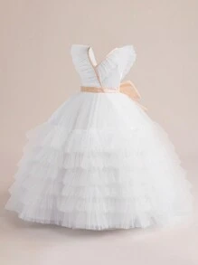 Tween Girls V-Neck Multi-Layer Mesh Bow Decor Elegant Hostess Dress, Suitable For Party & Birthday
