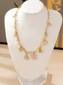 1pc European & American Exaggerated Fashionable Heart Shaped Alloy Pendant Chain Necklace With Multiple Elements And Full Rhinestones Decor For Women's Daily Casual Wear And Vacation Valentines,Mom,Mother,Mother's Day,Gift - Multicolor - View 6