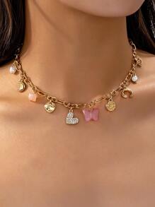 1pc European & American Exaggerated Fashionable Heart Shaped Alloy Pendant Chain Necklace With Multiple Elements And Full Rhinestones Decor For Women's Daily Casual Wear And Vacation Valentines,Mom,Mother,Mother's Day,Gift - Multicolor - View 1