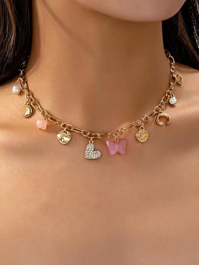 1 件欧美夸张时尚心形合金吊坠链项链，多元素全水钻装饰，适合女性日常休闲装和度假情人节、妈妈、母亲、母亲节、礼物