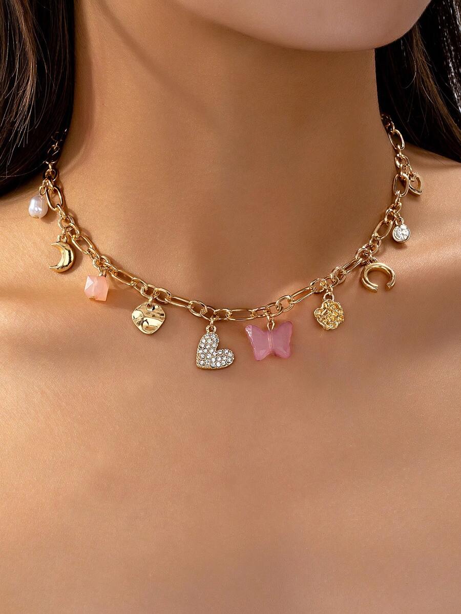 1pc European & American Exaggerated Fashionable Heart Shaped Alloy Pendant Chain Necklace With Multiple Elements And Full Rhinestones Decor For Women's Daily Casual Wear And Vacation Valentines,Mom,Mother,Mother's Day,Gift - Multicolor - View 1