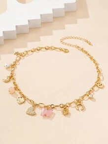 1pc European & American Exaggerated Fashionable Heart Shaped Alloy Pendant Chain Necklace With Multiple Elements And Full Rhinestones Decor For Women's Daily Casual Wear And Vacation Valentines,Mom,Mother,Mother's Day,Gift - Multicolor - View 3