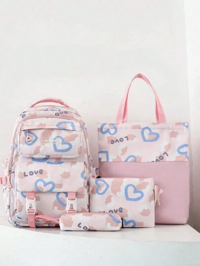 4 件春季返校青年背包。开季新款背包，可爱卡通心形粒纹字母，休闲套装，包括大容量背包、午餐盒、铅笔，适合日常使用、学校、旅行、随机印花图案尼龙材质拉链封闭大学生高中初中小学生和多口袋书包轻便便携拉链包装完美毕业生