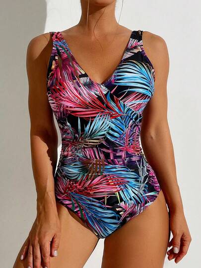 Traje de baño de una pieza con cuello en V y estampado tropical para mujer, traje de baño de una pieza sexy con espalda descubierta para vacaciones