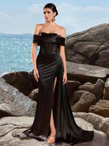 ADYCE Women's Off-Shoulder Fishtail High Waist Dress With Open Back & Tie, Suitable For Ball Party And Evening Banquet - Black - View 1