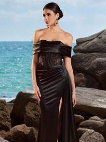 ADYCE Women's Off-Shoulder Fishtail High Waist Dress With Open Back & Tie, Suitable For Ball Party And Evening Banquet - Black - View 9