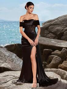 ADYCE Women's Off-Shoulder Fishtail High Waist Dress With Open Back & Tie, Suitable For Ball Party And Evening Banquet - Black - View 4