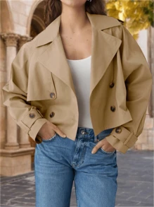 Womens Cropped Trench Coat Lapel Double Breasted Short Jacket Outwear Christmas Gift & New Year Gift - 卡其色 - 查看 1