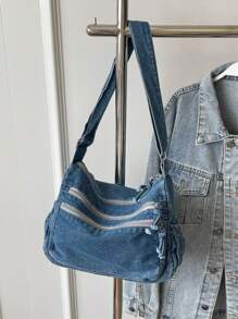 Women Retro Large Canvas Denim Shoulder Bag Denim Crossbody Handbags Casual Style Lightweight Tote Purse - Màu xanh lam - Xem 6