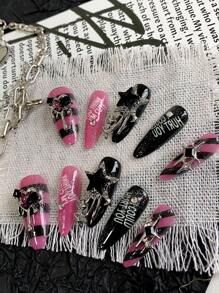 10 Tablets Pressing Almond Nails, Diablo Valentine's Day Nailing Formation DIY Sweet And Hot Girl Pink Pink Nails And Black Nails Art, Plaid, Letters, Love Pattern Design, Removable Reused Nail Supplies, Suitable For Men And Ladies On The Stage , Dance And Party Scenes, 1 Tablet With Jelly Glue And 1 Slice Of Fruits