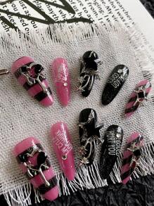 10 Tablets Pressing Almond Nails, Diablo Valentine's Day Nailing Formation DIY Sweet And Hot Girl Pink Pink Nails And Black Nails Art, Plaid, Letters, Love Pattern Design, Removable Reused Nail Supplies, Suitable For Men And Ladies On The Stage , Dance And Party Scenes, 1 Tablet With Jelly Glue And 1 Slice Of Fruits