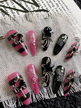 10 Tablets Pressing Almond Nails, Diablo Valentine's Day Nailing Formation DIY Sweet And Hot Girl Pink Pink Nails And Black Nails Art, Plaid, Letters, Love Pattern Design, Removable Reused Nail Supplies, Suitable For Men And Ladies On The Stage , Dance And Party Scenes, 1 Tablet With Jelly Glue And 1 Slice Of Fruits