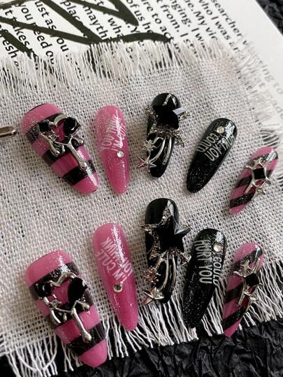 10 piezas de pegatinas de uñas con forma de almendra, arte de uñas de San Valentín de Diablo, diseños de uñas dulces y sexys en rosa y negro, a cuadros, con letras y corazones, accesorios de uñas removibles y reutilizables, adecuados para hombres y mujeres para el escenario, el baile y la fiesta, 1 pegatina incluye gel de gelatina y 1 pegatina incluye suministros de uñas de frutas hechas a mano