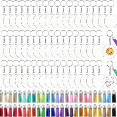 120 pièces Porte-clés acrylique vierge avec anneau porte-clés - Décoration suspendue personnalisée, porte-clés à franges comprenant 30 pièces de disque acrylique rond, 30 pièces de franges pour porte-clés, 30 pièces d'anneaux pour porte-clés et 30 pièces de porte-clés DIY