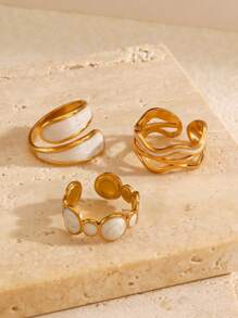 3pcs/Set Stainless Steel Fashion Hollow Geometric Open Rings, Suitable For Women's Daily Wear - Multicolor - View 2