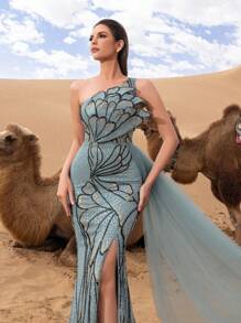 Faeriesty 优雅单肩花卉串珠薄纱晚礼服，侧边垂坠式设计——正式派对婚纱 - 青碧色 - 查看 7