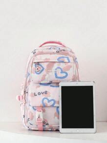 4 件春季返校青年背包。开季新款背包，可爱卡通心形粒纹字母，休闲套装，包括大容量背包、午餐盒、铅笔，适合日常使用、学校、旅行、随机印花图案尼龙材质拉链封闭大学生高中初中小学生和多口袋书包轻便便携拉链包装完美毕业生