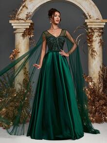 Gorgeous Extra-Long Mesh Sleeves Contrast Sequin Beaded Dress Formal Evening Women Dresses Wedding Guest Dress Bridesmaid Dresses Princess Dress For Women For Dinner, Wedding, Cocktail Party, Back To School, Graduation,Valentine's Day, New Year Party, Easter, Holiday, Summer Women Outfit