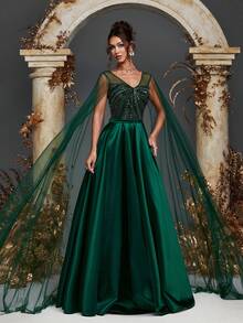 Gorgeous Extra-Long Mesh Sleeves Contrast Sequin Beaded Dress Formal Evening Women Dresses Wedding Guest Dress Bridesmaid Dresses Princess Dress For Women For Dinner, Wedding, Cocktail Party, Back To School, Graduation,Valentine's Day, New Year Party, Easter, Holiday, Summer Women Outfit