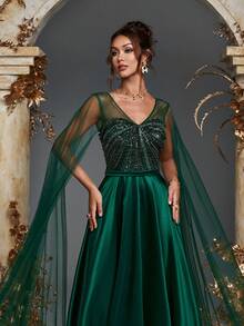 Gorgeous Extra-Long Mesh Sleeves Contrast Sequin Beaded Dress Formal Evening Women Dresses Wedding Guest Dress Bridesmaid Dresses Princess Dress For Women For Dinner, Wedding, Cocktail Party, Back To School, Graduation,Valentine's Day, New Year Party, Easter, Holiday, Summer Women Outfit