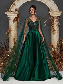 Gorgeous Extra-Long Mesh Sleeves Contrast Sequin Beaded Dress Formal Evening Women Dresses Wedding Guest Dress Bridesmaid Dresses Princess Dress For Women For Dinner, Wedding, Cocktail Party, Back To School, Graduation,Valentine's Day, New Year Party, Easter, Holiday, Summer Women Outfit