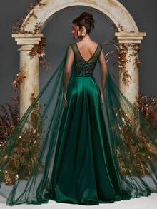 Gorgeous Extra-Long Mesh Sleeves Contrast Sequin Beaded Dress Formal Evening Women Dresses Wedding Guest Dress Bridesmaid Dresses Princess Dress For Women For Dinner, Wedding, Cocktail Party, Back To School, Graduation,Valentine's Day, New Year Party, Easter, Holiday, Summer Women Outfit