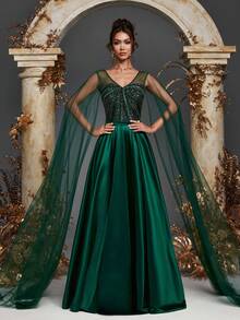 Gorgeous Extra-Long Mesh Sleeves Contrast Sequin Beaded Dress Formal Evening Women Dresses Wedding Guest Dress Bridesmaid Dresses Princess Dress For Women For Dinner, Wedding, Cocktail Party, Back To School, Graduation,Valentine's Day, New Year Party, Easter, Holiday, Summer Women Outfit