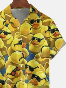 Plus Size Men's Hawaiian Duck Cartoon 3D Digital Print Button-Down Short Sleeve Shirt, Absorbs Sweat - Yellow - View 4