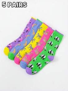 5 pares/sets de calcetines de tripulación de otoño con divertidos patrones de flamencos, jirafas, cebras, perezosos y pandas, adecuados para uso en el hogar, salidas y oficina - Multicolor - Ver 2