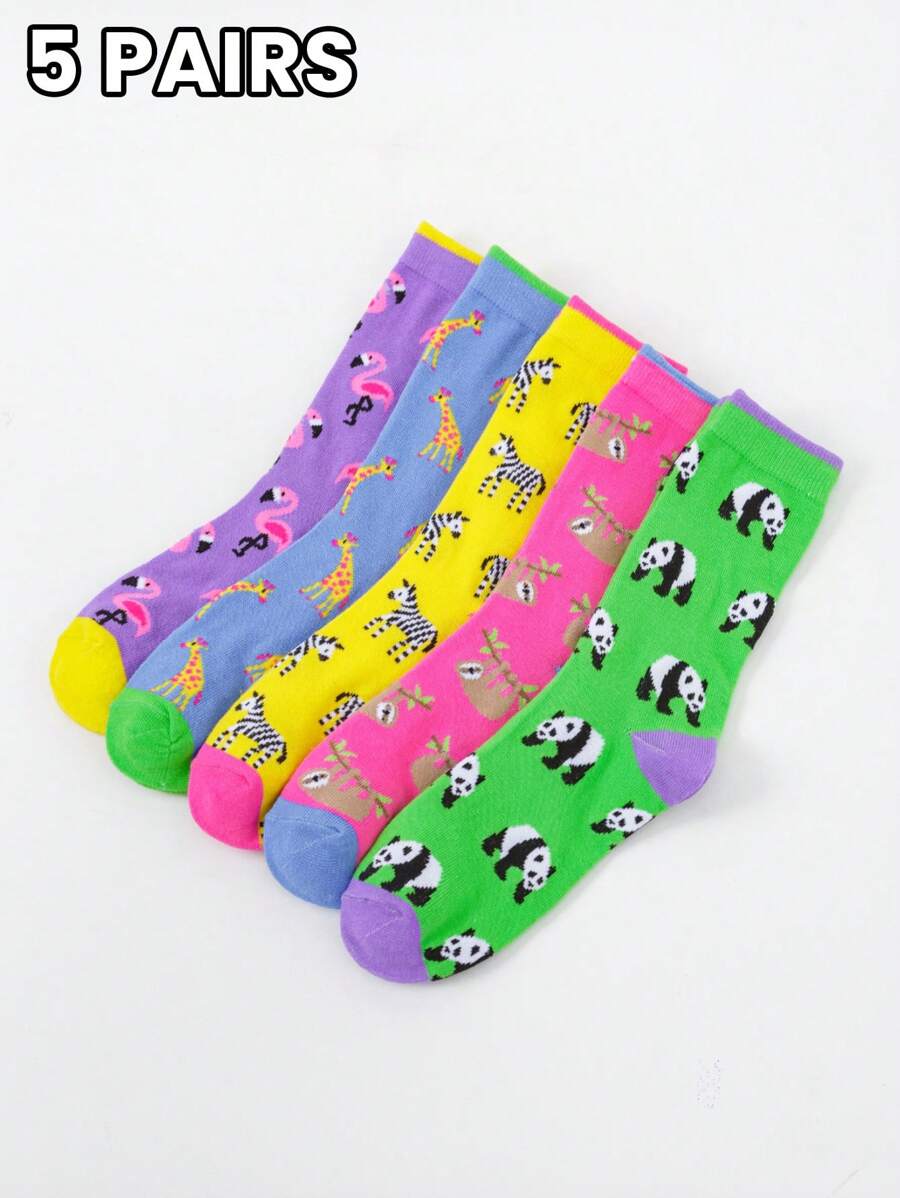 5 pares/sets de calcetines de tripulación de otoño con divertidos patrones de flamencos, jirafas, cebras, perezosos y pandas, adecuados para uso en el hogar, salidas y oficina