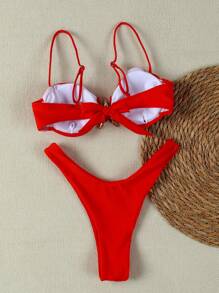 Nuevo bikini sexy y casual de mujer de color rojo sólido con diseño de estrella de mar, adecuado para la playa, vacaciones, fiestas y citas en /verano - Rojo - Ver 3