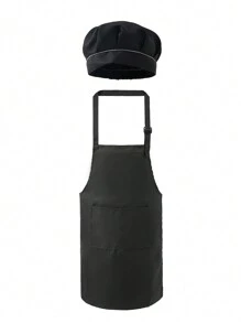 1 Set Children's Skin-Friendly Apron And Chef Hat, Pockets For Cooking, Baking, Drawing, Training, Adjustable Neck Strap, Elastic Hat, Ages 3-14