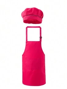1 Set Children's Skin-Friendly Apron And Chef Hat, Pockets For Cooking, Baking, Drawing, Training, Adjustable Neck Strap, Elastic Hat, Ages 3-14