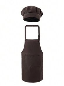 1 Set Children's Skin-Friendly Apron And Chef Hat, Pockets For Cooking, Baking, Drawing, Training, Adjustable Neck Strap, Elastic Hat, Ages 3-14