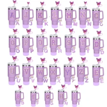 （紫色 6 件套）可爱硅胶杯配件，适用于 30 盎司和 40 盎司水瓶，包含字母吊坠、防漏硅胶材质、吸管盖和装饰字母贴纸 - 彩色 - 查看 6