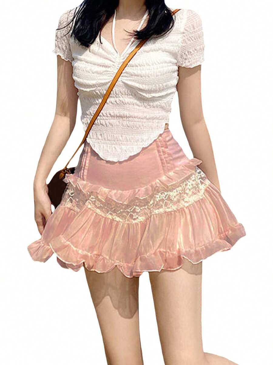 Womenacute;S Summer Mini Skirts, Cute High Waist Lace Patchwork Ruffle Hem A-Line Skirts - Hồng - Xem 1