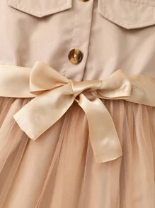 Young Girl' Solid Color Collared Sleeveless Mesh Dress With Woven Belt