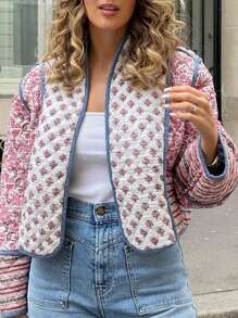 Beauace Women's Short Puffer Jacket Floral Print Stand Collar Open Front Quilted Coat Fall Winter Long Sleeve Padded Jacket Outerwear - Pink - View 2