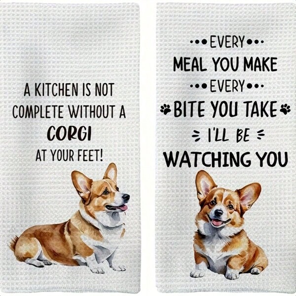 2pcs Corgi Dog Design Kitchen Towel Set - Polyester Dishcloth, Super Soft, Machine Washable, Modern Fantasy Dog Theme Tea Towel, Suitable For Corgi Lovers And Dog Kitchen Decor