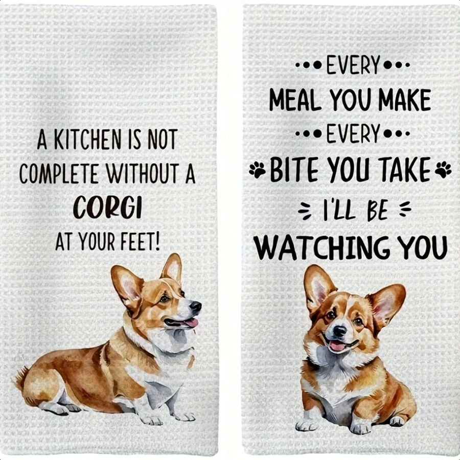 2pcs Corgi Dog Design Kitchen Towel Set - Polyester Dishcloth, Super Soft, Machine Washable, Modern Fantasy Dog Theme Tea Towel, Suitable For Corgi Lovers And Dog Kitchen Decor