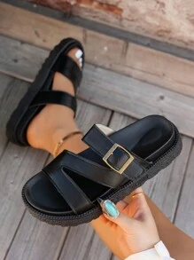 Summer Black New Thick Sole Buckle Strap Sandals, Comfortable & Versatile Beach Slippers