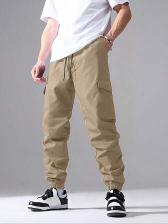 Plus Size Men's Solid Color Front Tie Pockets Simple Casual Pants