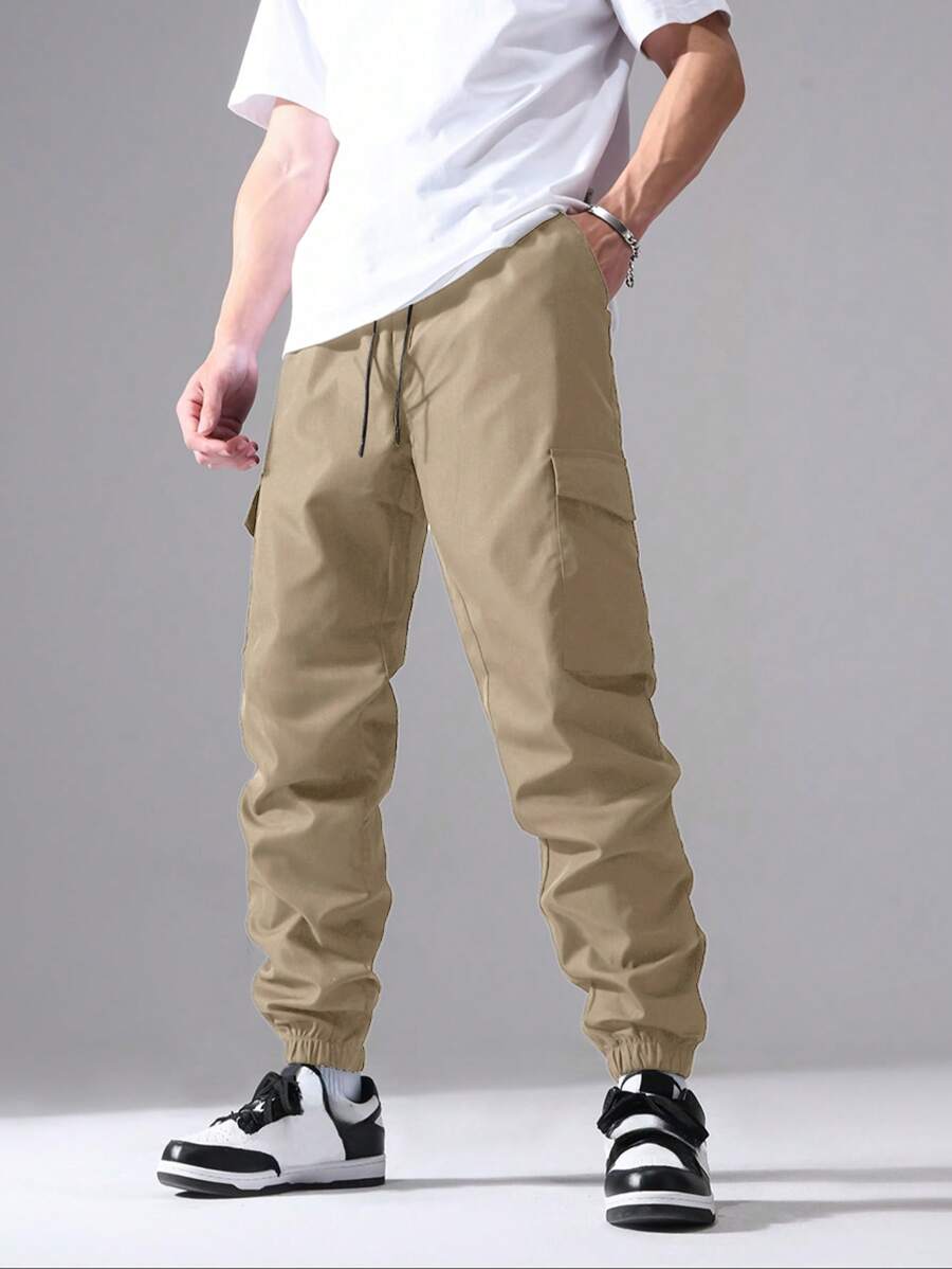 Pantalones casuales de unicolor con bolsillo, cordón y lazo delantero para hombres de talla grande - Camel - Ver 1