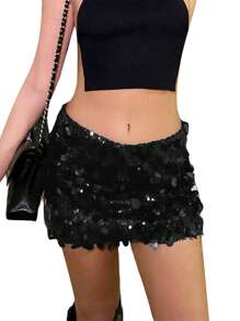 Women Wrapped Half Dress, Sequined Summer Spring Fall Dance Street Club Party Short Skirt - 黑色 - 查看 4