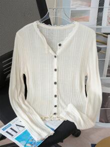 Women's Lace Trim Fitted Knit Cardigan, Round Neck, Short Style, Thin & Transparent, Spring/Summer - Apricot - View 9