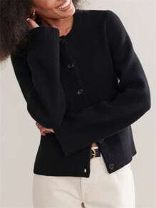 Women's Solid Color Cardigan Long Sleeve Crew Neck Button Down Sweater Knit Tops With Pockets Fall Fashion For Women - Black - View 6