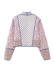 Women's Short Puffer Jacket Floral Print Stand Collar Open Front Quilted Coat Fall Winter Long Sleeve Padded Jacket Outerwear - Hồng - Xem 4