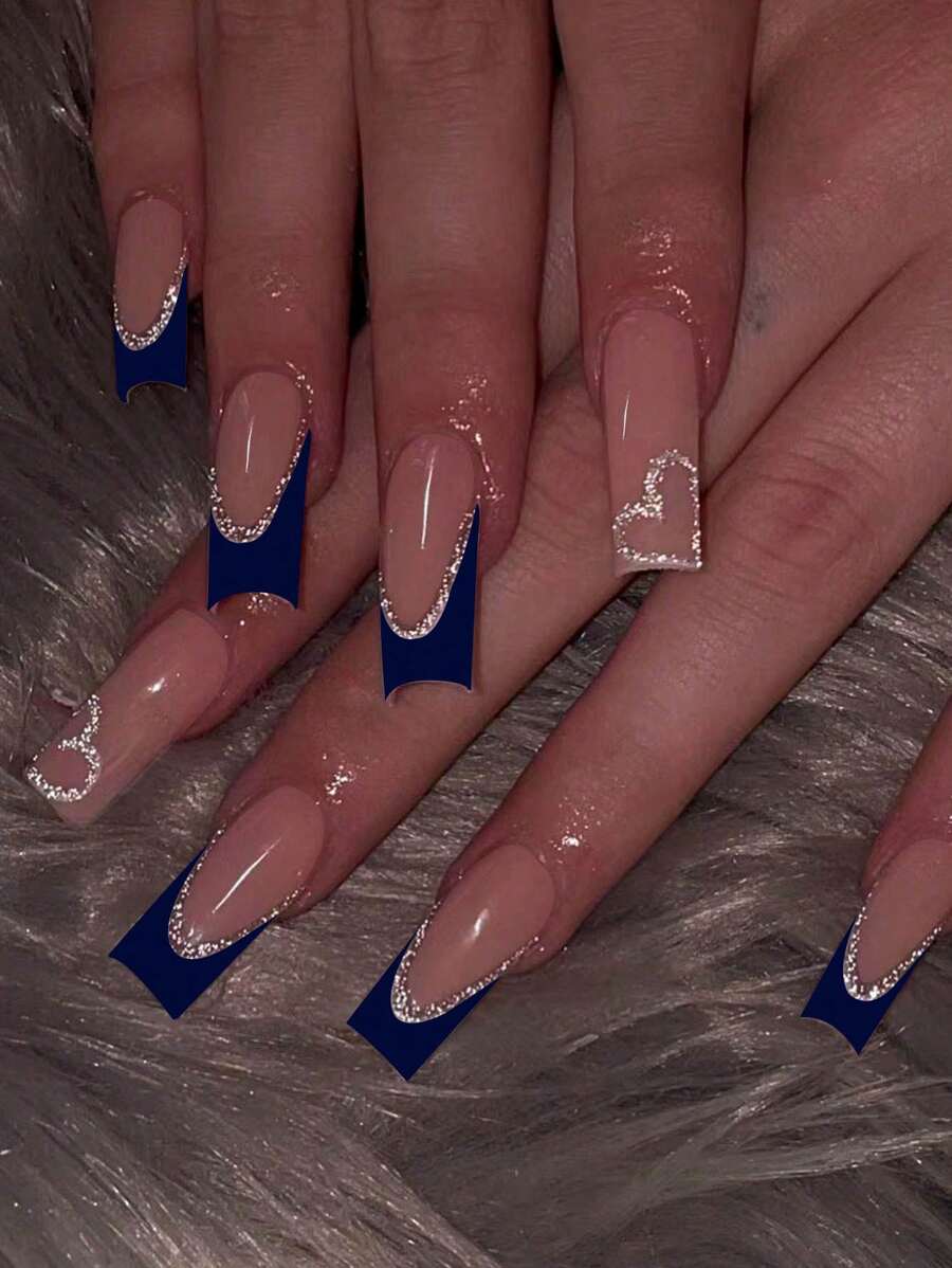 Bộ 24 móng tay giả acrylic vuông vừa, đầu móng kiểu Pháp, họa tiết trái tim vừa, đính kim tuyến, vừa vặn hoàn hảo, gồm 1 keo dán và 1 dũa móng, móng tay hình trái tim dành cho nữ và bé gái sử dụng vào ngày lễ tình nhân và các buổi tụ họp hàng ngày. - Nhiều màu - Xem 1